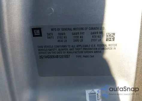 2011 Chevrolet Impala Lt z USA, uszkodzony, nr VIN 2G1WG5EK4B1291857